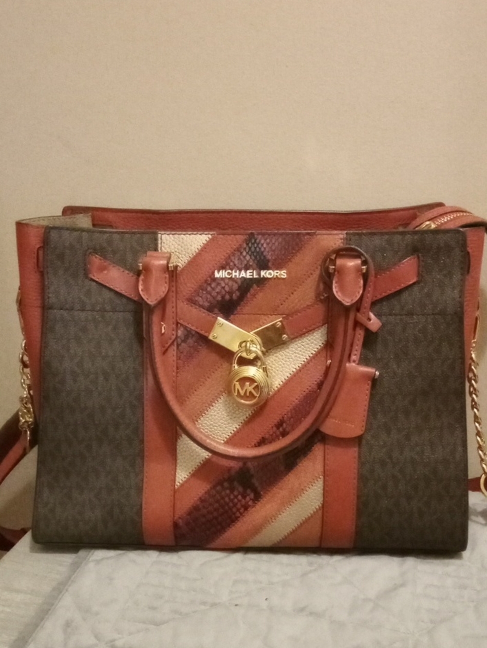 Michael Kors Brown & Red Signature Satchel with Gold Accent